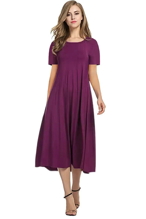 2026 European and American Summer Women's Round Neck Short Sleeve Solid Color Flared Dress