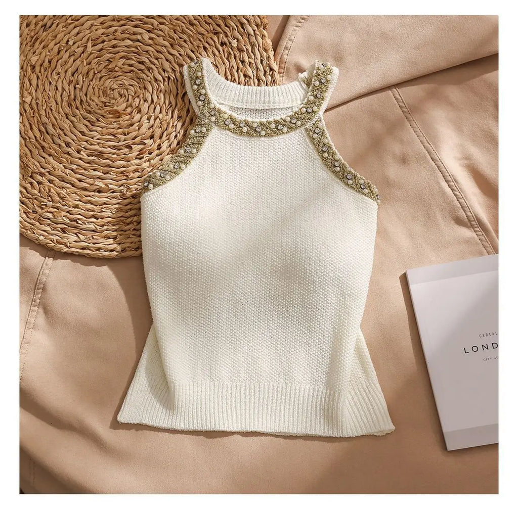 2026 Summer Sleeveless Knitted Vest Shirt Slim Halter Neck Beaded Tops Slim Sexy Bright Silk Women Camisole