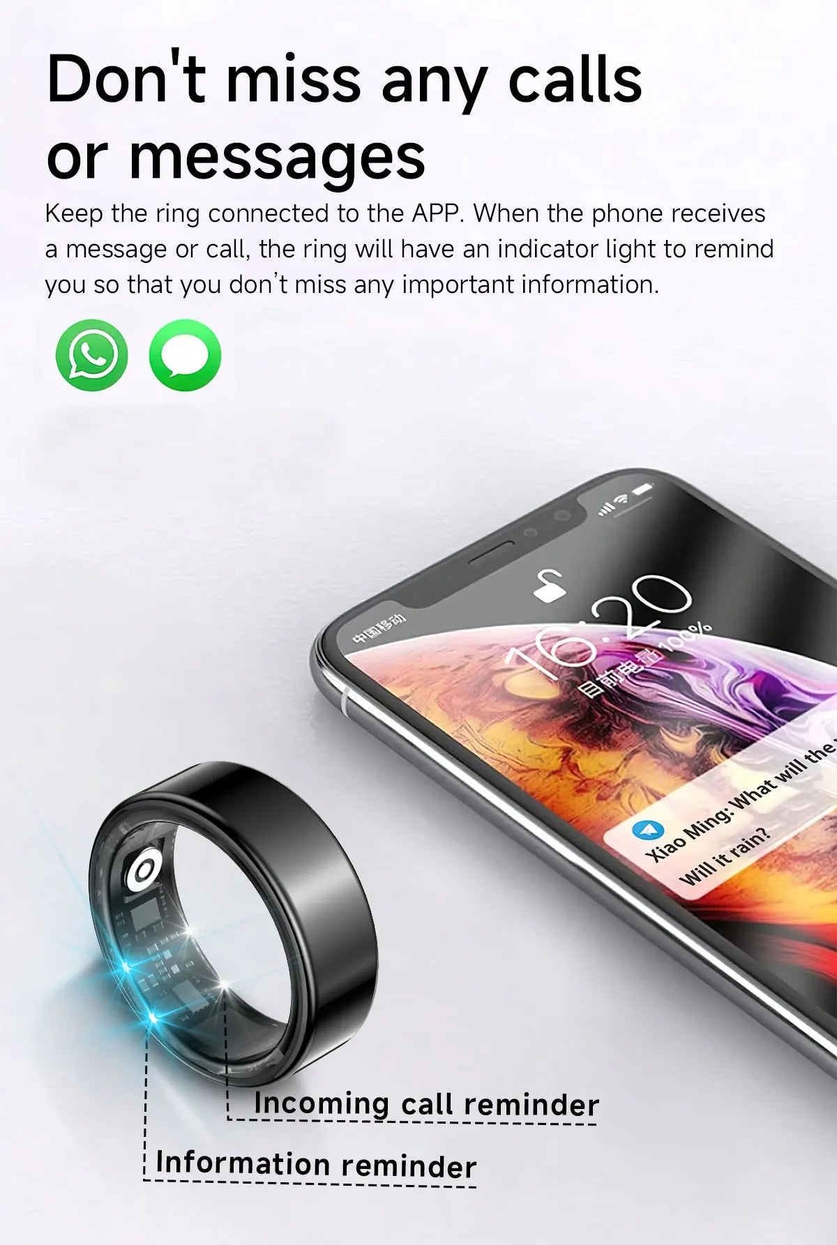 Call reminder information heart rate blood oxygen sleep exercise HR monitoring TikTok TK family care friend smart ring New 2026