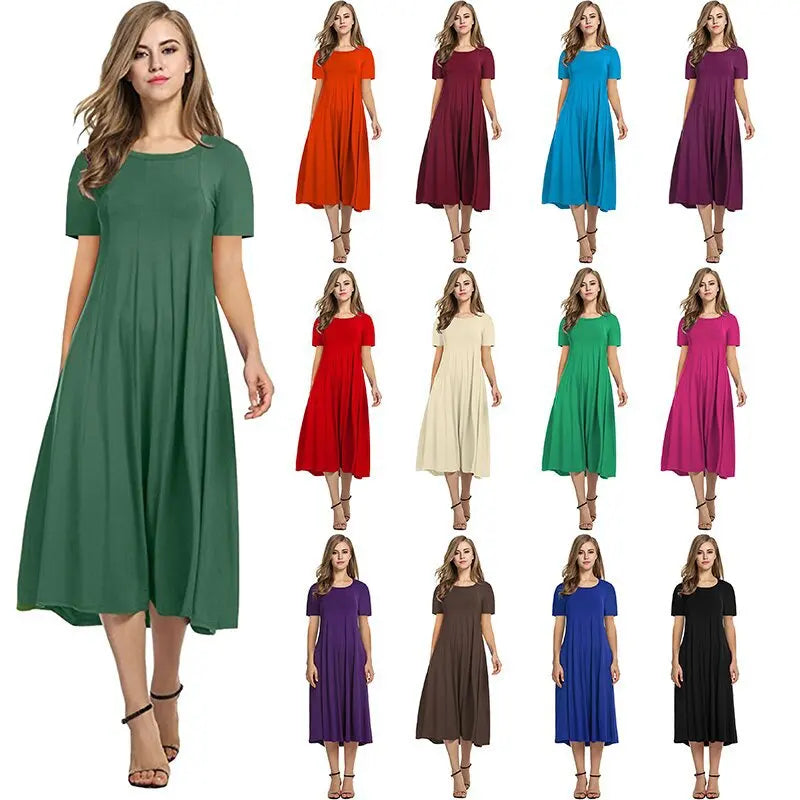 2026 European and American Summer Women's Round Neck Short Sleeve Solid Color Flared Dress