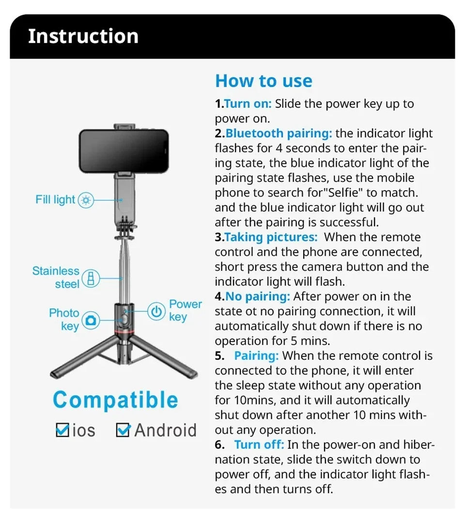 FANGTUOSI 2026 New L15 Wireless Selfie Stick Tripod Stand Foldable Monopod With Led Light For Smartphones Tiktok Shooting Live