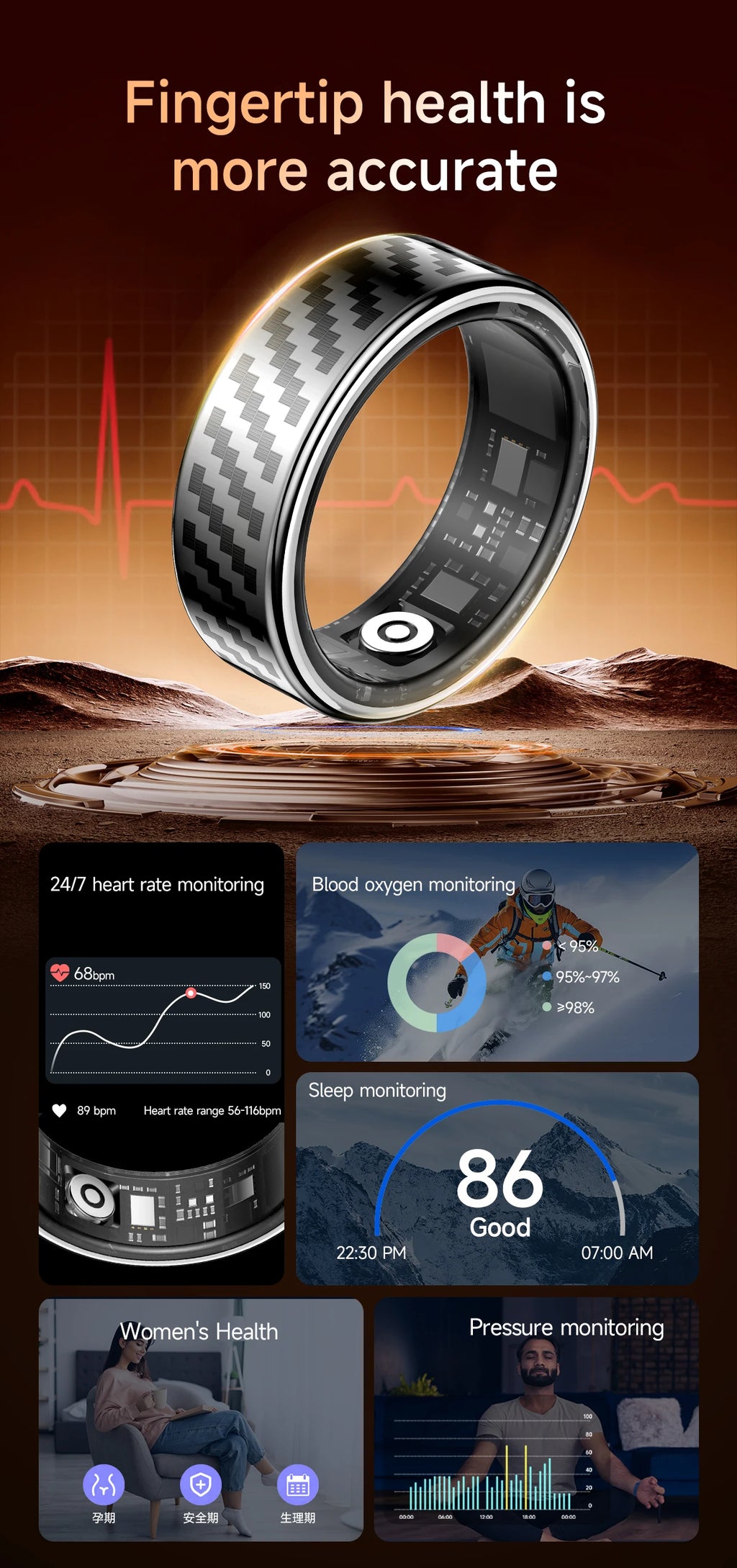 Call reminder information heart rate blood oxygen sleep exercise HR monitoring TikTok TK family care friend smart ring New 2026
