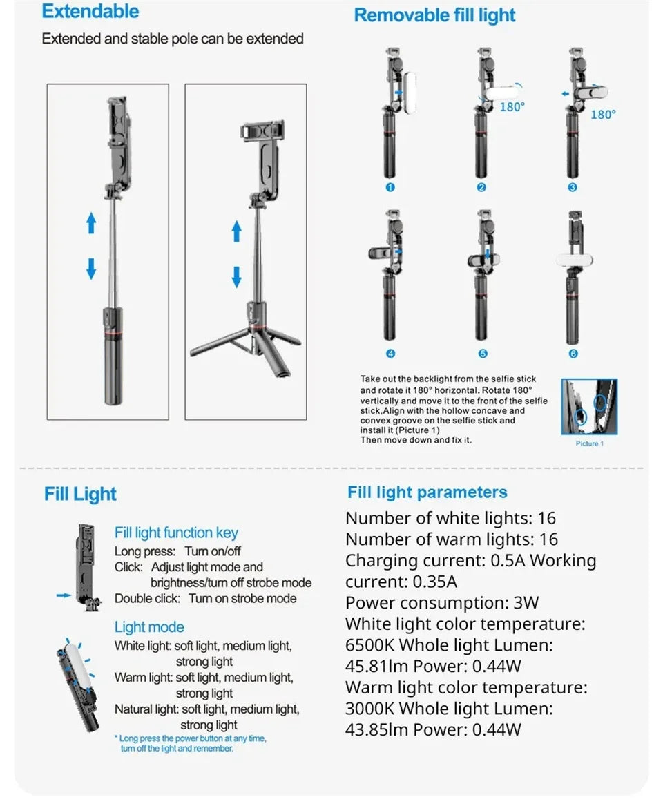 FANGTUOSI 2026 New L15 Wireless Selfie Stick Tripod Stand Foldable Monopod With Led Light For Smartphones Tiktok Shooting Live